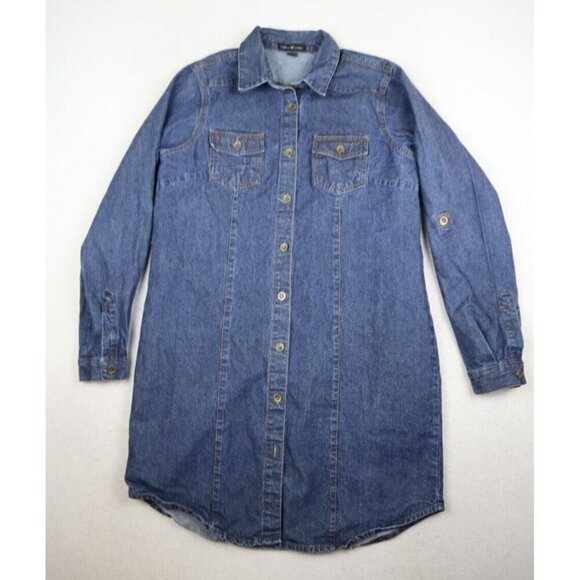 WOMEN'S DARK WASH DENIM TUNIC SHIRT DRESS - LONG SLEEVE - LOVE BY CHESLEY - M - Picture 1 of 10